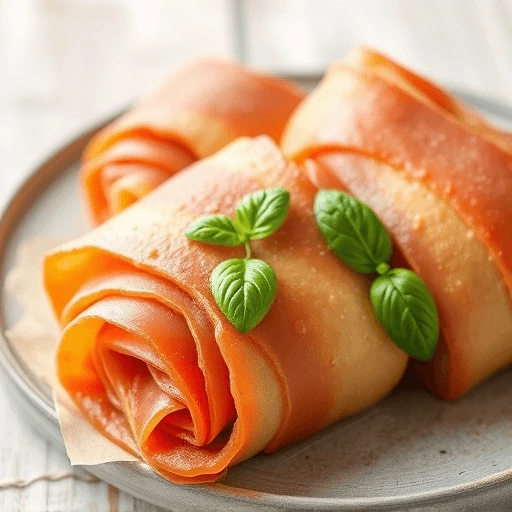 Crispy cheese wafers wrapped in thin slices of Parma ham, garnished with fresh basil.